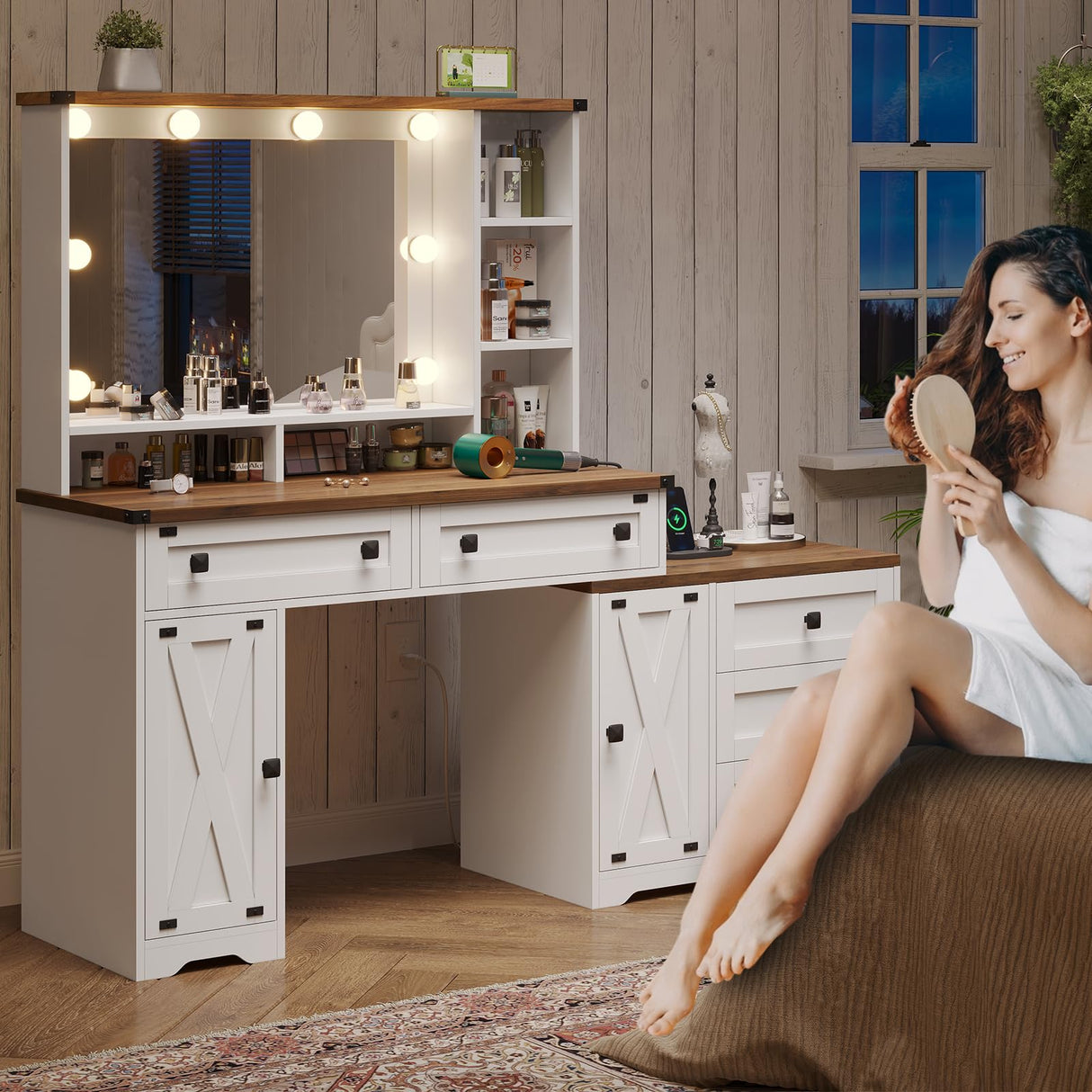 Hasuit Farmhouse Makeup Vanity Desk with Hollywood Makeup Mirror, 56.5" Large Vanity Desk with Charging Station, Vanity Table with Open Shelves & 5 Drawers & 2 Cabinets for Bedroom, Lights Adjustable Hasuit