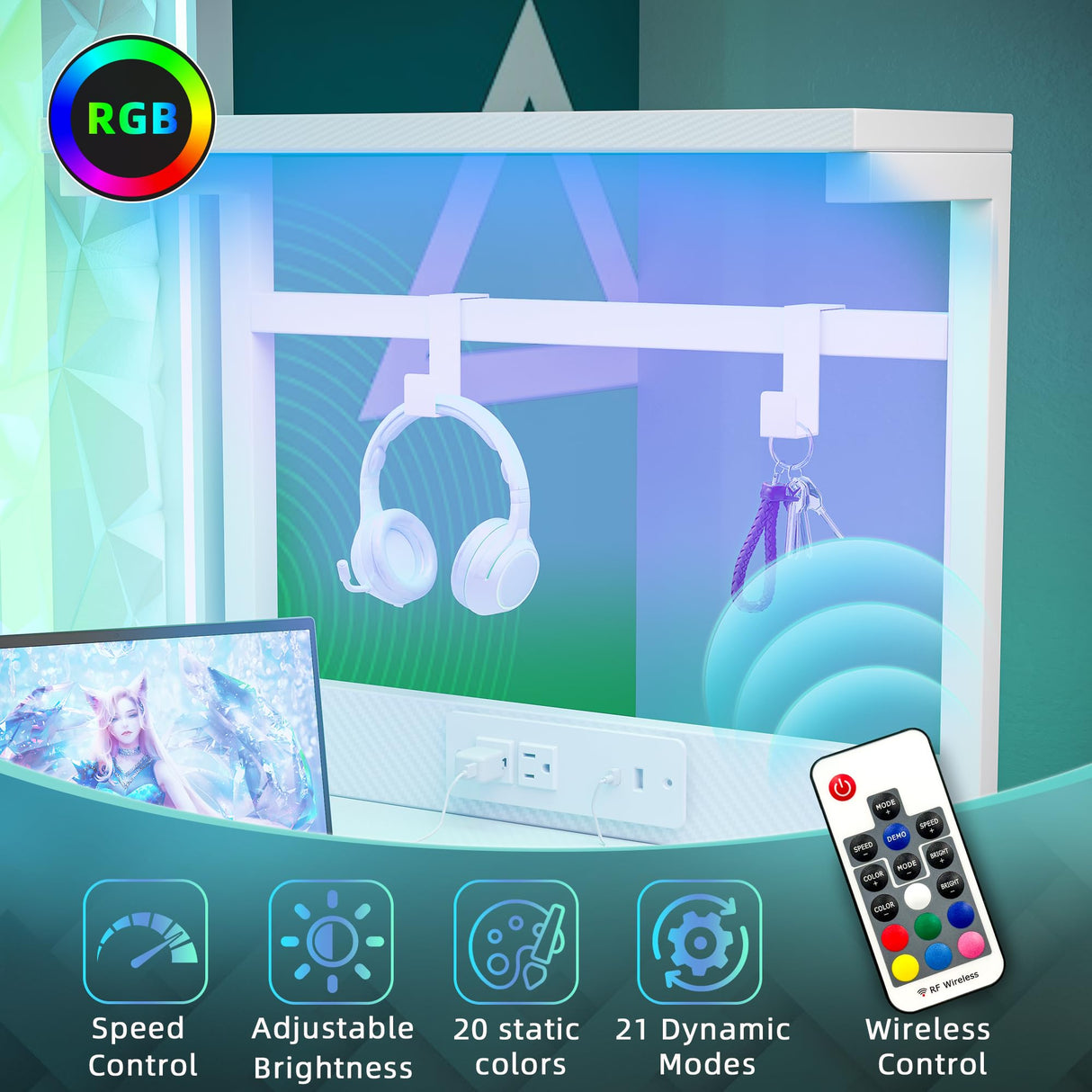 TIQLAB Gaming Desk 40 inch with Power Outlet and LED Light, Computer Desk with Reversible Shelves and Storage Drawer, Small PC Desk for Home Office Table with Bag, Carbon Fiber White TIQLAB