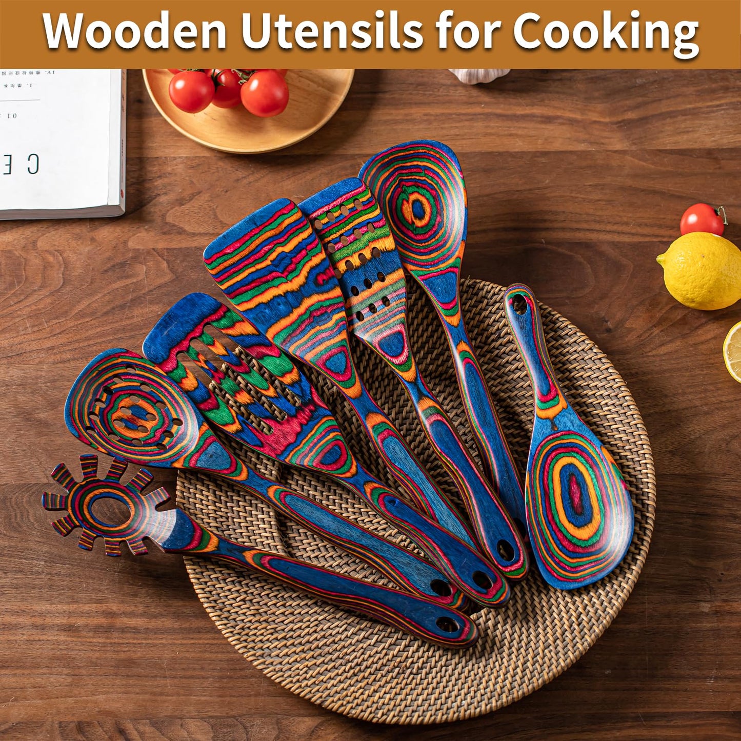 Gudamaye Pakkawood 7-Piece Blue Wooden Cooking Utensils, Wooden Spoons for Cooking, Wooden Spoon Set, Wooden Kitchen Utensil set, Pakkawood Cooking Spoons, Non-Stick Spoon,Pakkawood kitchen utensils