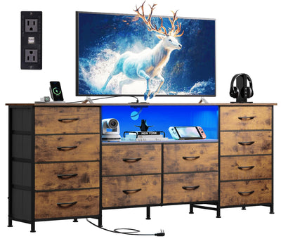 WLIVE 12 Drawer Dresser for Bedroom, Dresser TV Stand for 65, 70, 75 inch TV with Led Lights & Charging Station, Wide Chest of Drawers with Open Shelves, Fabric Dressers for Living Room, Rustic Brown