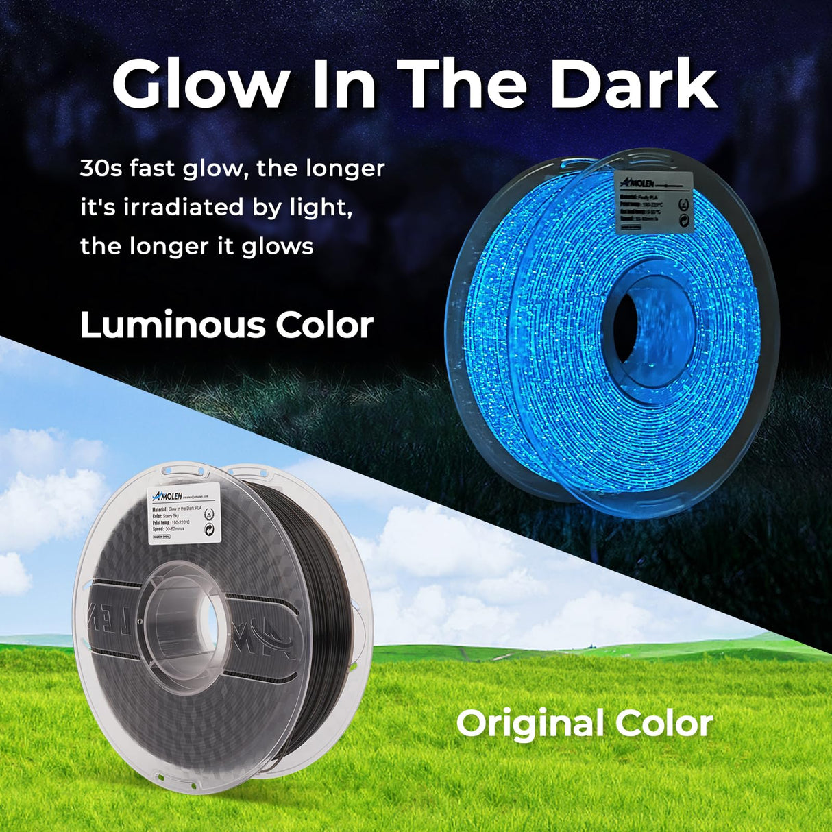 AMOLEN Glow in The Dark Filament, 1.75mm 3D Printer PLA Filament, Dimensional Accuracy +/- 0.02 mm, 1KG/2.2lb, Fit Most FDM Printer, Firefly Blue AMOLEN