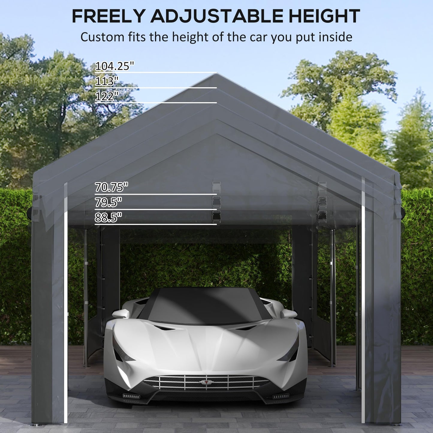 Outsunny Carport 10' x 20' Portable Garage, Height Adjustable Heavy Duty Car Port Canopy with 4 Ventilated Windows & 4 Roll-up Doors for Garden Tools, Car, Truck, Boat, Dark Gray