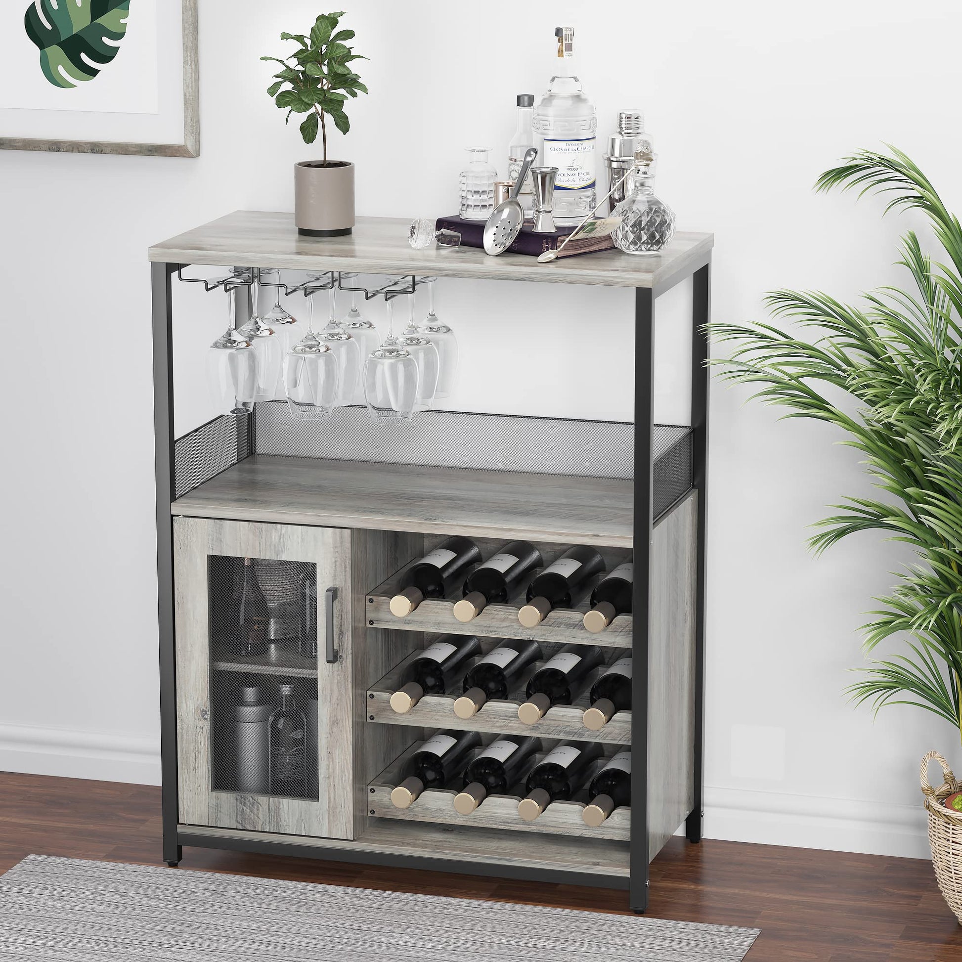 GAOMON Wine Bar Rack Cabinet with Detachable Wine Rack, Bar Cabinet with Glass Holder, Small Sideboard and Buffet Cabinet with Mesh Door (Grey) - WoodArtSupply