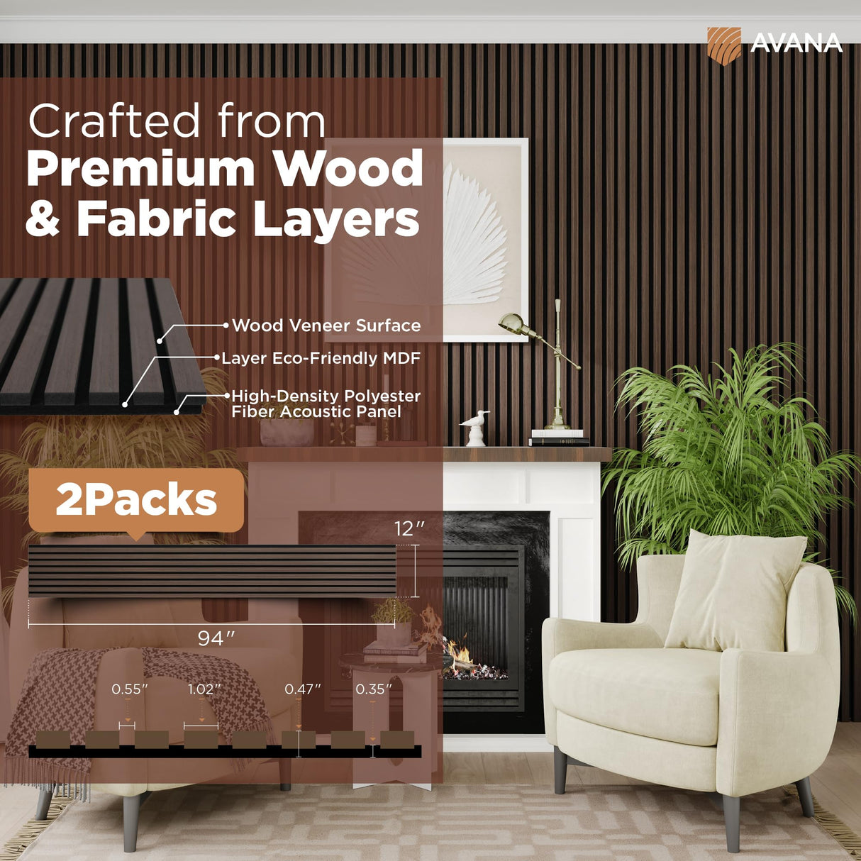 Avana Acoustic Wood Wall Panels – 94.4 x 12.6 Inch Dark Walnut Acoustic Panels 2 PCs – Wall Panels For Interior Wall Decor for Homes, Offices, Studios – Aesthetically Pleasing Wood Panels For Wall Avana