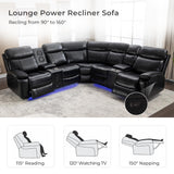 Power Recliner Sectional Sofa Wall Hugger with Bass Speakers,LED Strip,USB Ports,Storage Console,Cup Holders,Faux Leather Reclining Sectional Couch with 2 Recliners for Living Room,5 Seats,Black Comfort Stretch