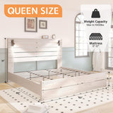 Jocisland Queen Size Farmhouse Bed Frame with 51" Headboard, LED Reading Lights, Rustic Wood Look, No Box Spring Needed, Ash White Jocisland
