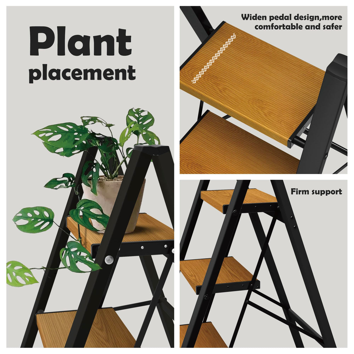 Taranta 3 Step Ladder,Aluminum Lightweight Folding 3 Step Stool with Anti-Slip Wide Pedal, 330lbs Capacity Step Ladder for Household,Kitchen,Office - BlackWoodgrain taranta