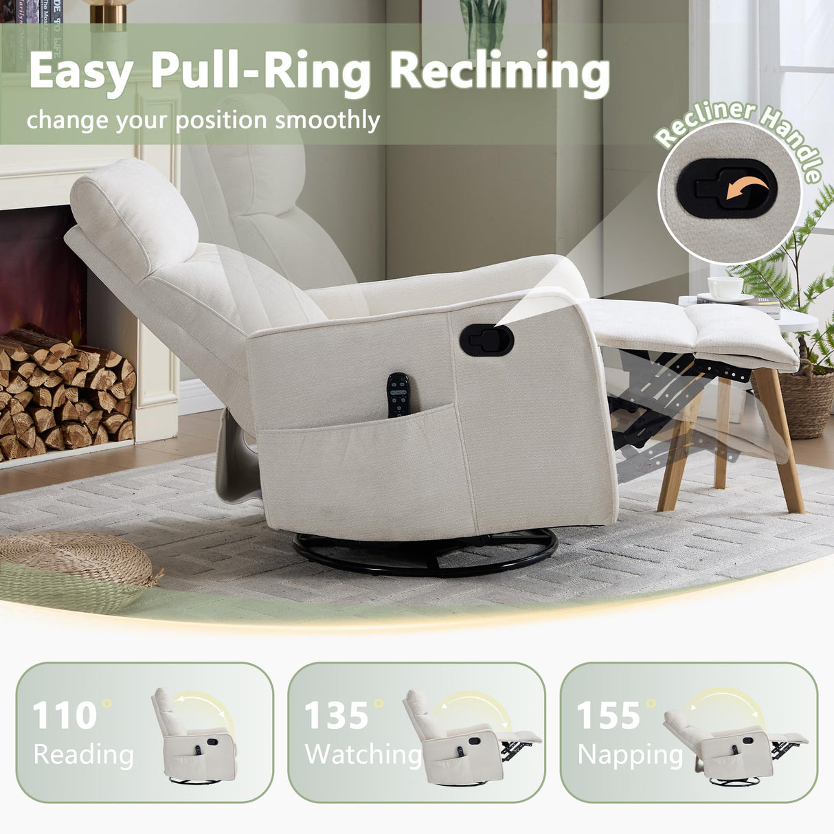 cinkehome Swivel Rocker Recliner, Glider Rocking Recliner Chair for Nursery, Manual Reclining Chair with Heated Massage, Small Spaces, Living Room, Off-White Chenille cinkehome