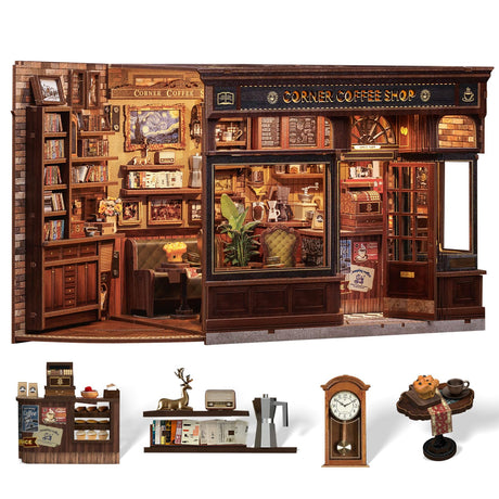 Cutefun Book Nook Kit - DIY Miniature Doll House Kit, Book Nook Kits for Adults, 3D Wooden Puzzle Bookend Bookshelf with LED Light for Cafe Crafts Lovers (Corner Coffee Shop) Cutefun