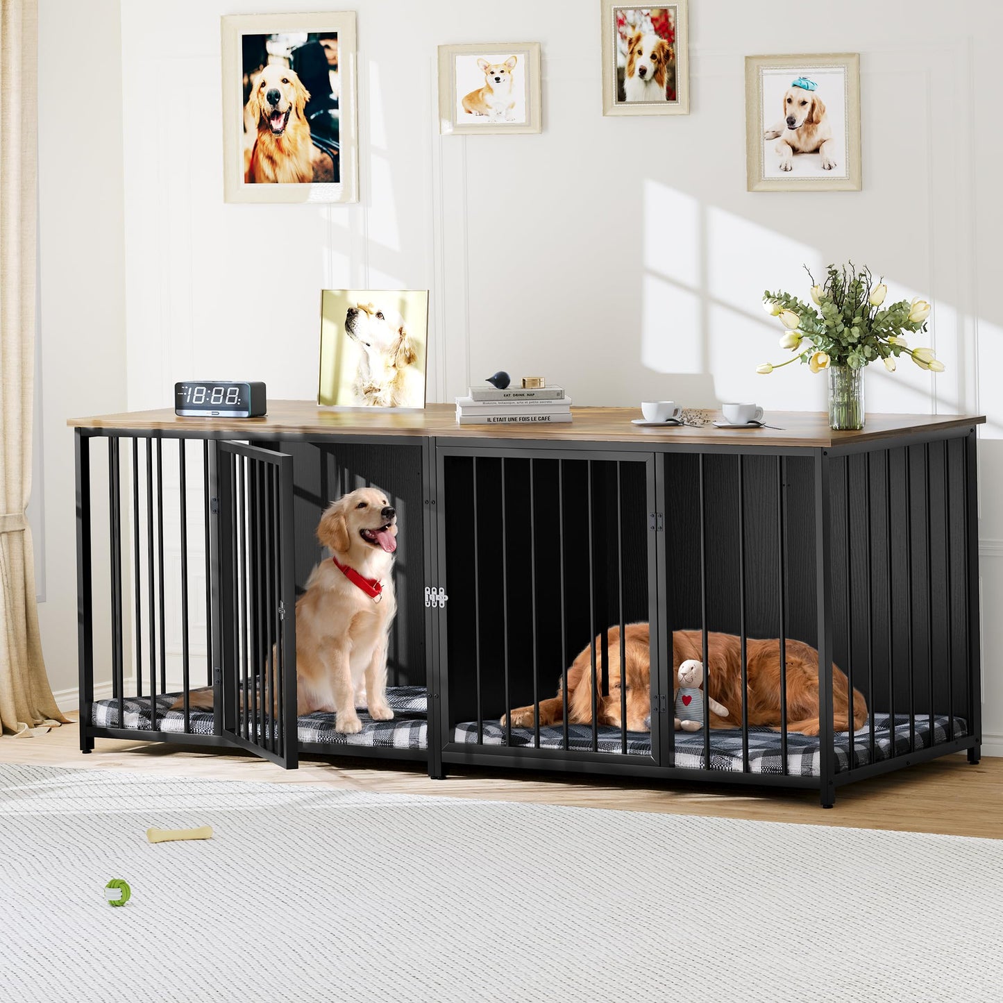 YITAHOME Double Dog Crate Furniture, 80.2 inch Large Breed Dog Kennel with Divider, Heavy Duty Dog House TV Stand Indoor for 2 Medium Dogs, Black - WoodArtSupply