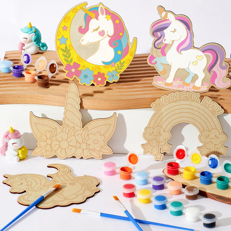 Winrayk 12 Sets Unicorn Party Favors Birthday Supplies Unicorn Craft Painting Kits for Girls, Unfinished Wood Crafts Gift Bag Card Paint Sets, Goodie Bag Stuffers Girls Birthday Party Favors Supplies Winrayk