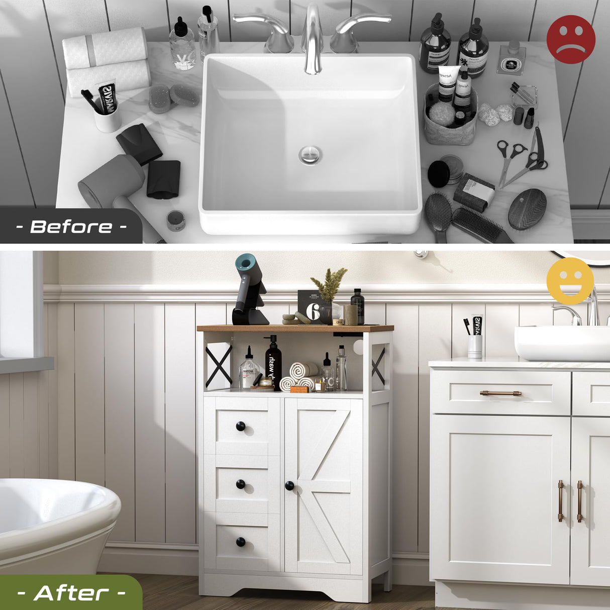 Yoobure LED Storage Cabinet with Doors and Shelves, Farmhouse Coffee Bar Pantry Cabinet with Drawers and Power Outlet, Wood Sideboard for Entryway Bathroom Dining Room Living Room Bedroom, White Yoobure