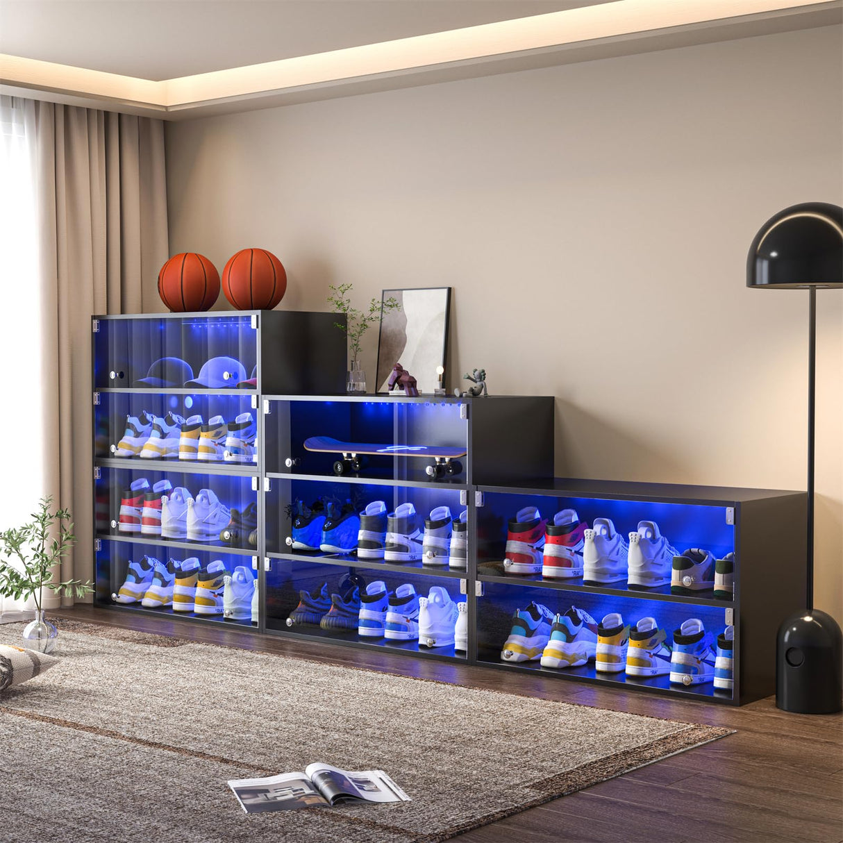 Shoe Storage Box with LED Light, Modern Shoe Organizer Wooden Shoe Cabinet with Flip Glass Doors, Shoe Storage Cabinet with RGB Lights, LED Shoe Rack Suitable for Collection of Shoes (Black, 3-Layer) Henf