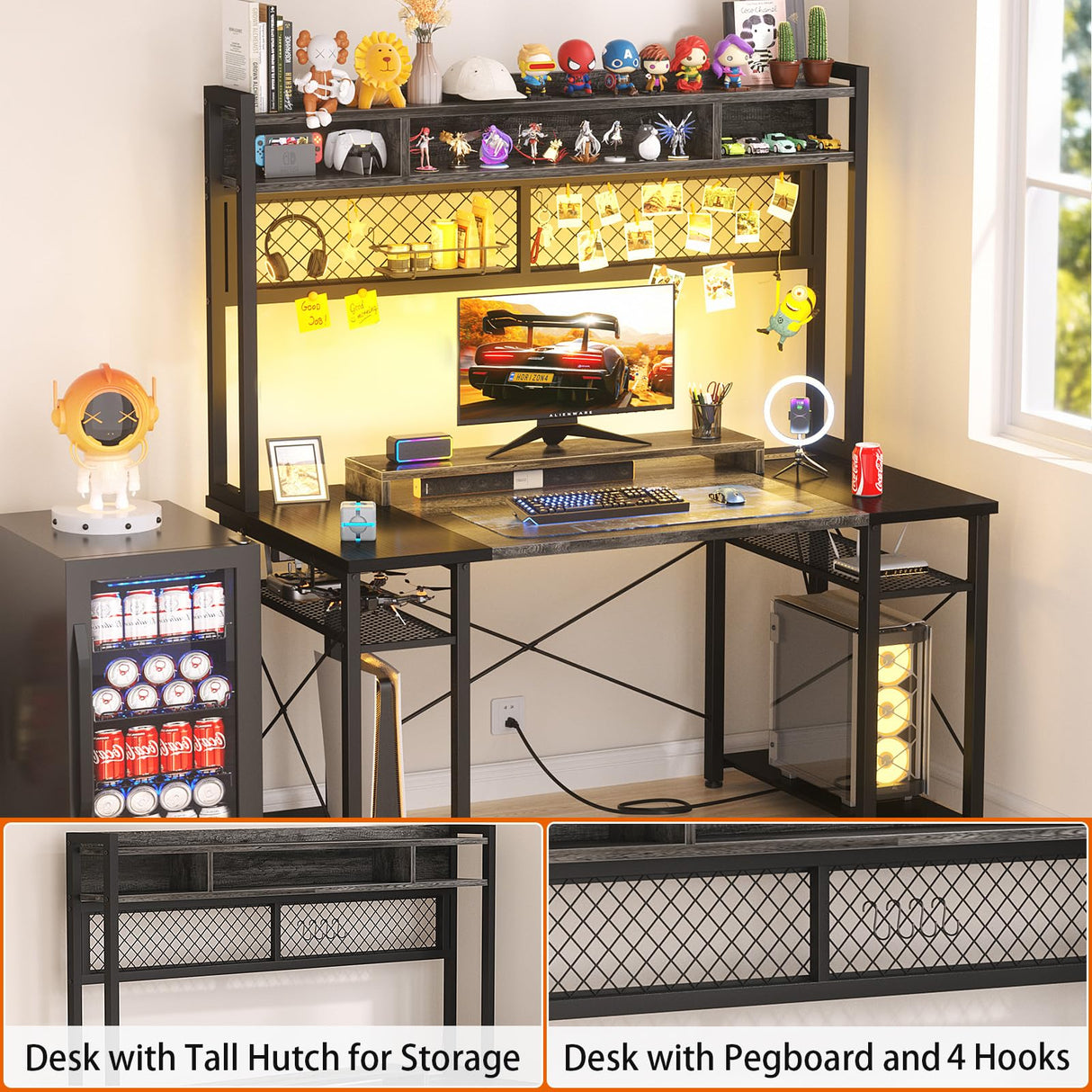 armocity 2024 Upgrade Gaming Desk with Hutch, 48'' Magic Computer Desk with LED and Outlets, Reversible Workstation Desk with Pegboard, Grey/Black armocity