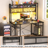 armocity 2024 Upgrade Gaming Desk with Hutch, 48'' Magic Computer Desk with LED and Outlets, Reversible Workstation Desk with Pegboard, Grey/Black armocity