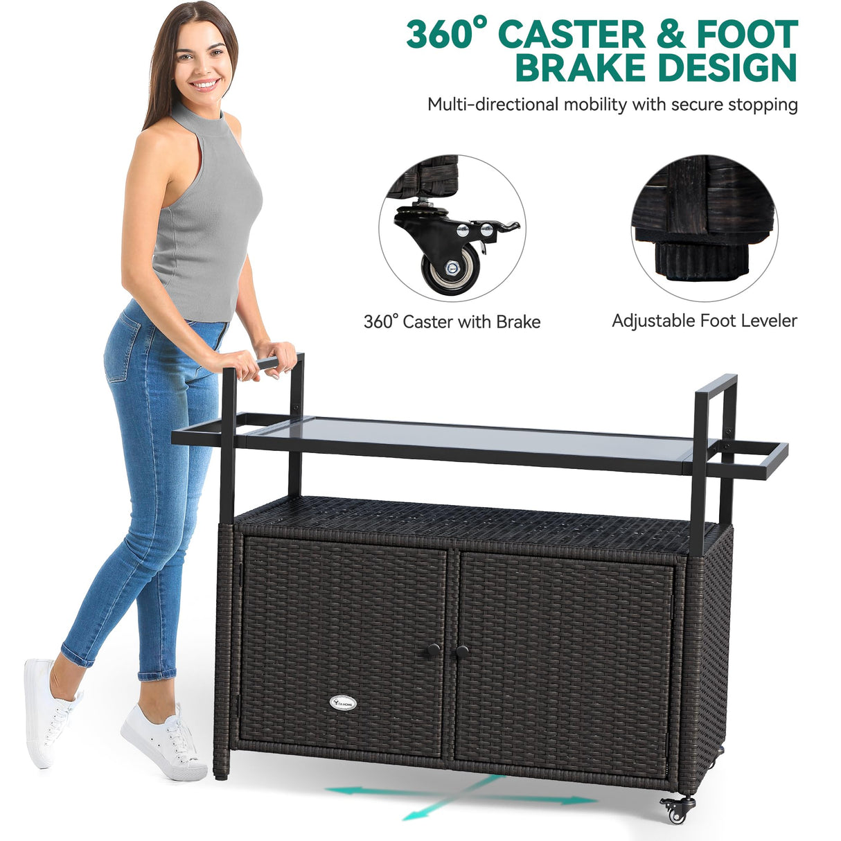 YITAHOME Large Outdoor Kitchen Wicker Island Rolling Cart & Patio Bar Table, w/Wheels and Black Glass Table Top Backyard and Poolside Dark Brown YITAHOME