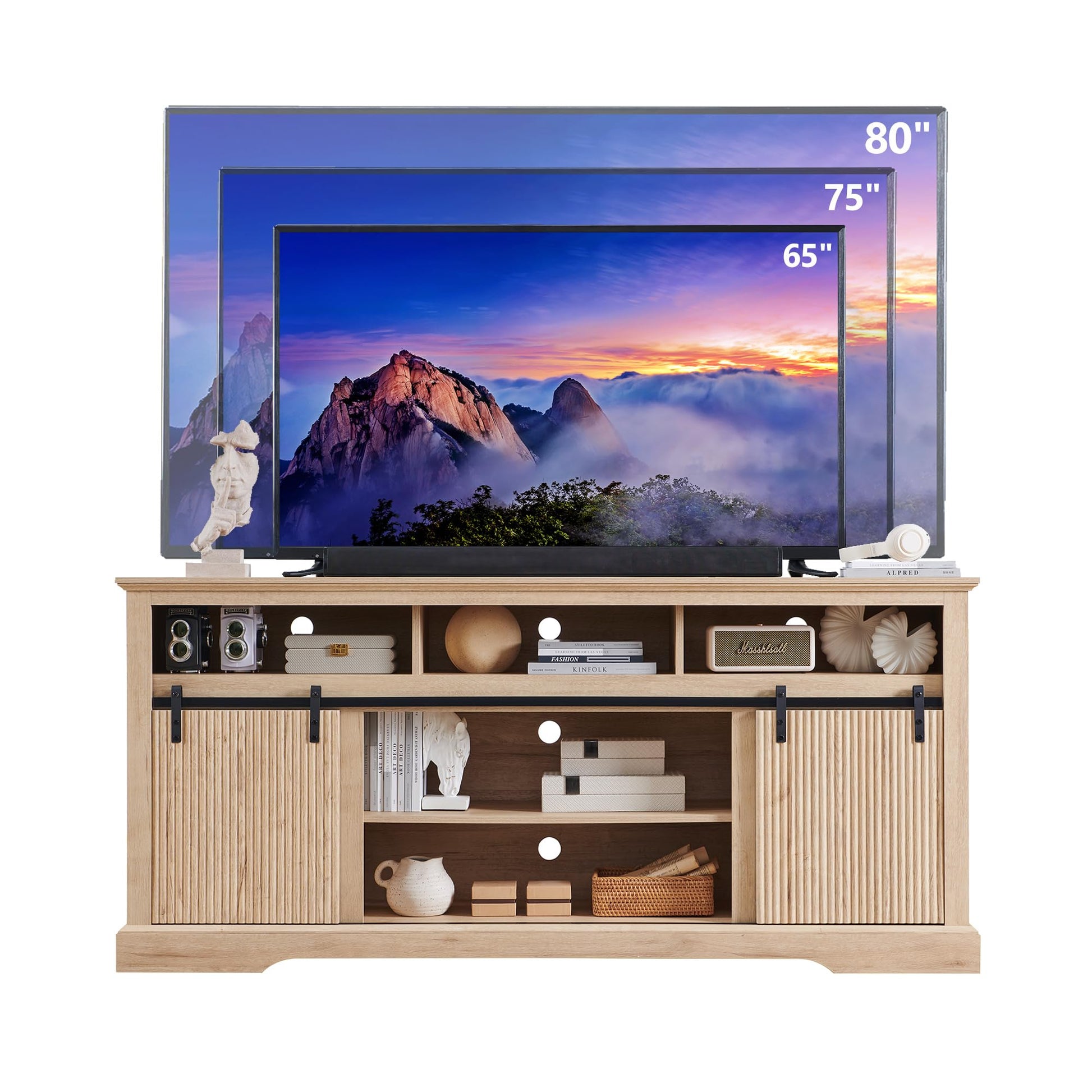 Fluted TV Stand for 80 Inch TVs, 32" Modern Entertainment Center with Waveform Panel Sliding Door, Media Console Cabinet w/Storage, Soundbar & Adjustable Shelf for Living Room, 70 inch (Natur - WoodArtSupply