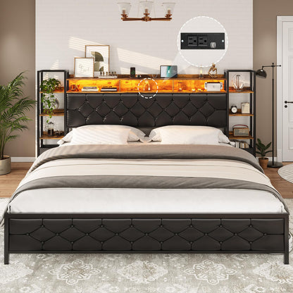 Hasuit King Size Farmhouse Bed Frame with LED Lights, Charging Station, and Bookcase Headboard - WoodArtSupply