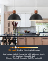 ELYONA 2 Pack Large Pendant Light Fixtures 16 Inch Hammered Metal Ash Wood Dome Ceiling Hanging Lamp, Industrial Kitchen Island Pendant Lighting for Farmhouse, Dining Room,Living Room, Black ELYONA