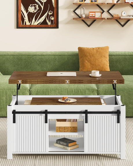 CHOEZON Coffee Table Lift Top, 4 in 1 Convertible Coffee Table, Farmhouse Coffee Tables, with Hidden Compartments, with Sliding Doors, for Living Room, Apartment, White and Walnut MKF01WL CHOEZON