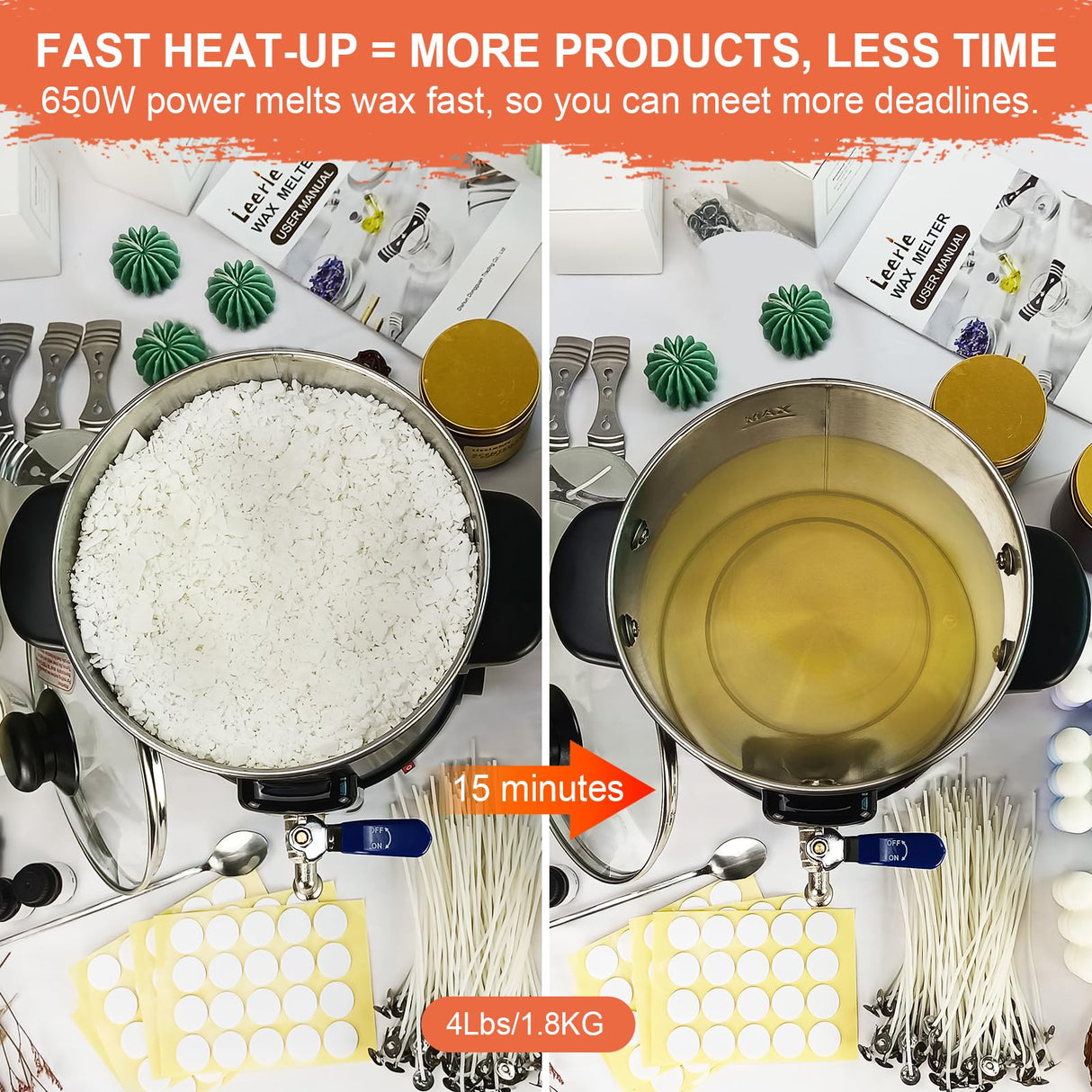 Leerie M4 8Lbs Wax Melter for Candle Making – Heating Core Brass Spout & Temp Control, No Clog, Easy to Clean – Electric Wax Melting Pot for DIY Candle Makers & Beginners Leerie