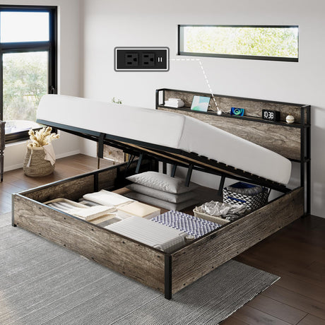 AMERLIFE King Size Lift Up Storage Bed Frame, Wooden Platform Bed Frame with Lifting Storage & Charging Station, No Spring Box Needed/Noise Free, Rustic Grey AMERLIFE