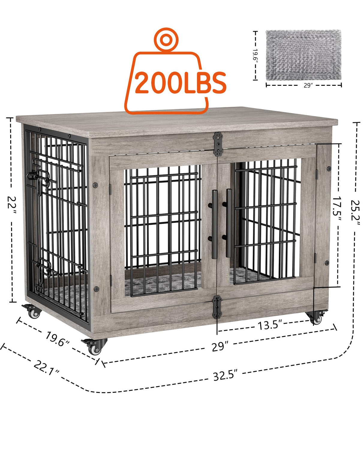 Lulive Dog Crate Furniture, Dog Kennel Indoor Double Doors Wooden Dog Cage, 33'' Heavy Duty Dog Crate with Cushion & Wheels, Decorative End Table Pet House Chew-Resistant for Medium/Small Dog, Grey Lulive