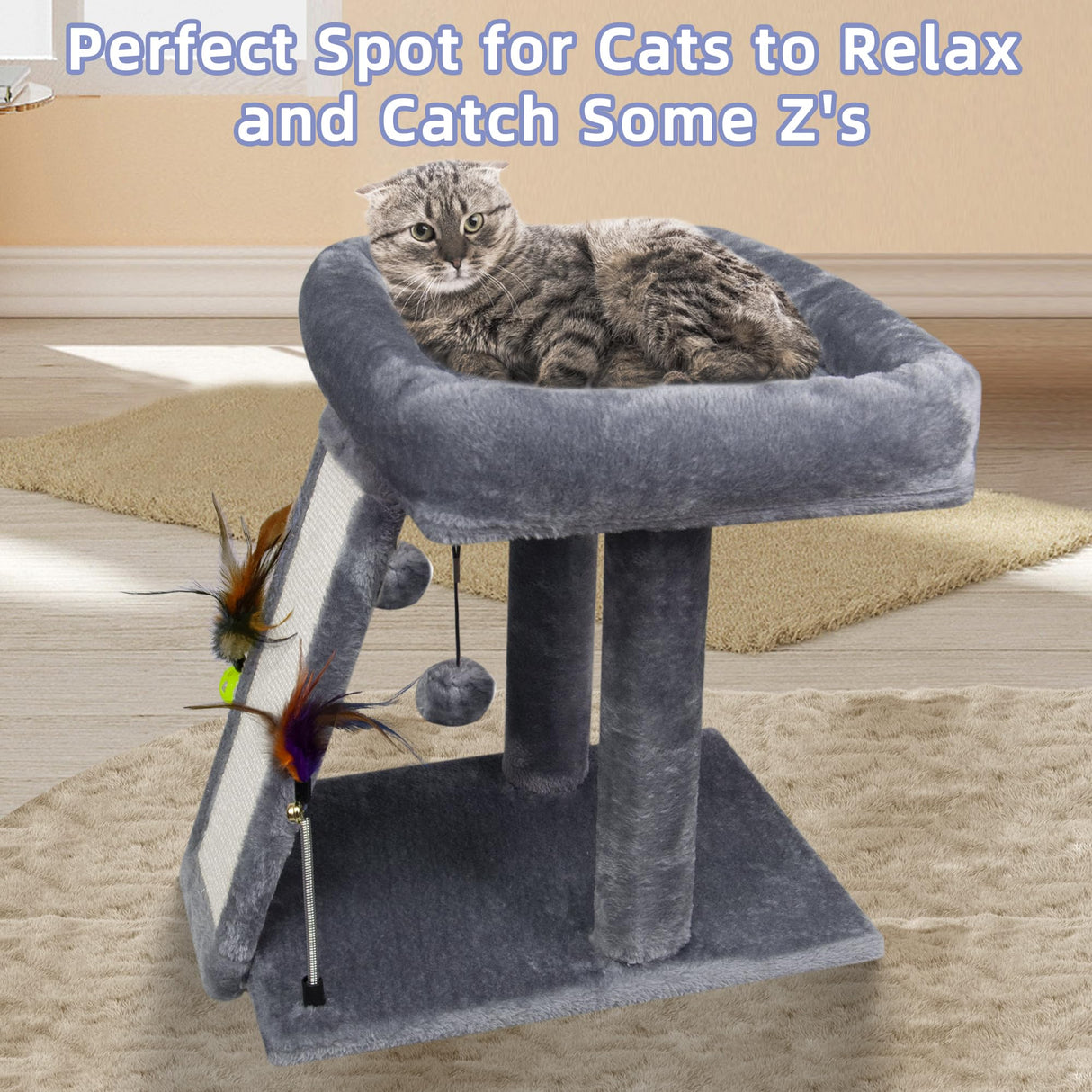 TWDEPART Cat Tree Tower with Cat Scratching Post for Indoor Cats, Activity Centre Climbing Tree with Scratching Board and Playful Toy Balls, Grey TWDEPART