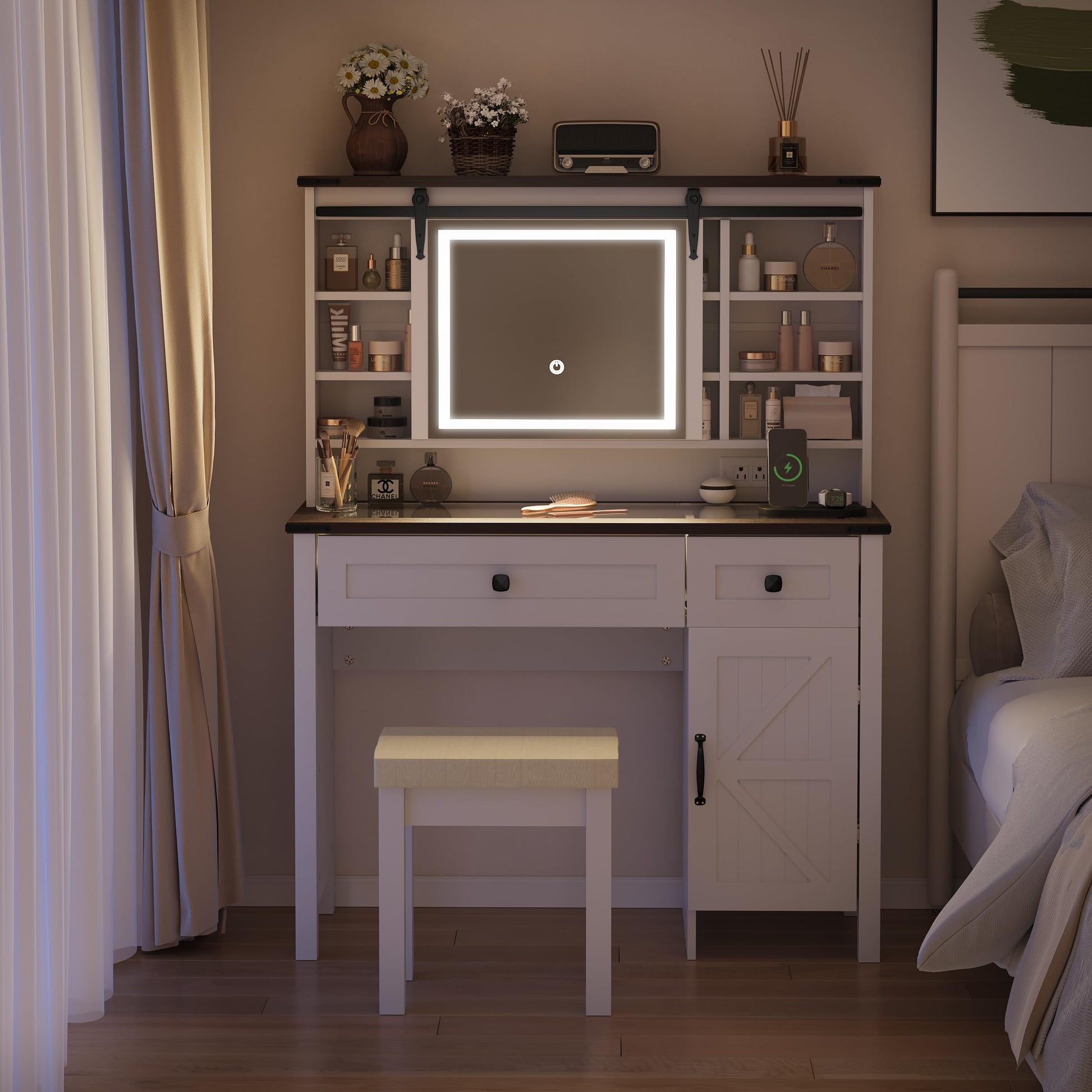 Semiocthome Farmhouse Makeup Vanity with Power Outlet 42"W Glass Top Vanity Desk with Sliding Mirror and Lights White Vanity Table with Adjustable Shelves and Side Cabinet Girls Vanity Set fo - WoodArtSupply