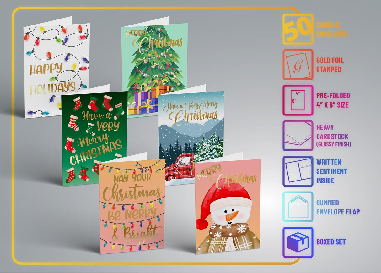 Better Office Products 50 Pack Christmas Cards Set with Gold Foil Accents, 4" x 6", Fun & Festive Designs, Blank Inside, Boxed Set Better Office Products