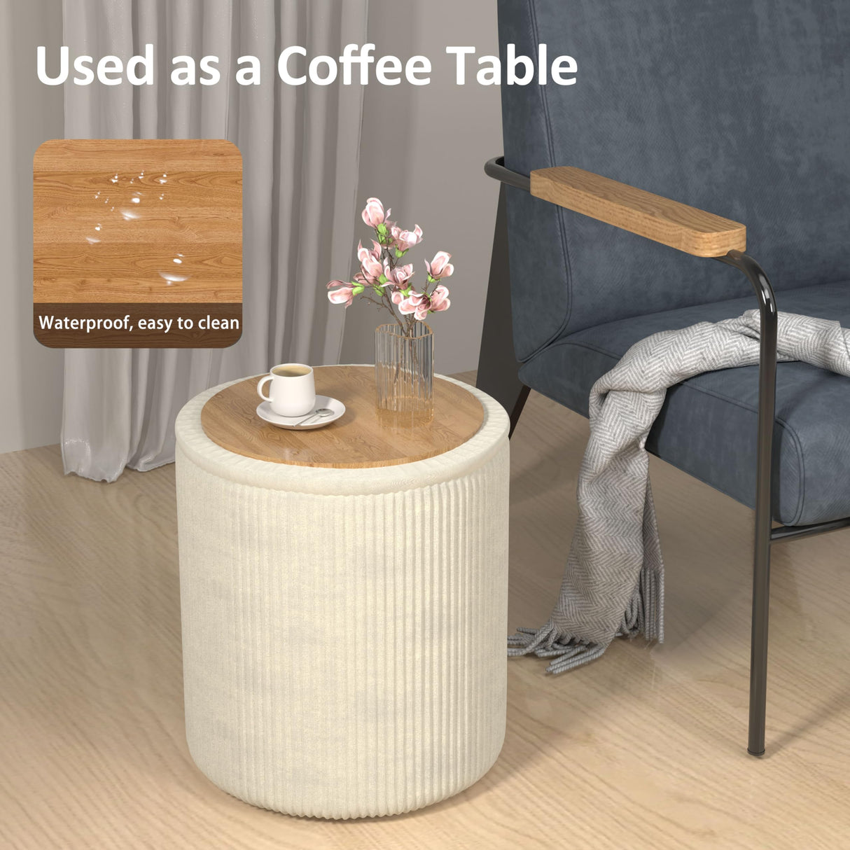 VENDORZ Round Ottoman Vanity Stool with Storage Set of 2, Beige Velvet Round Ottoman with Storage, Multifunctional Round Storage Ottoman Foot Rest, Storage Ottoman Round with Storage for Living Room VENDORZ