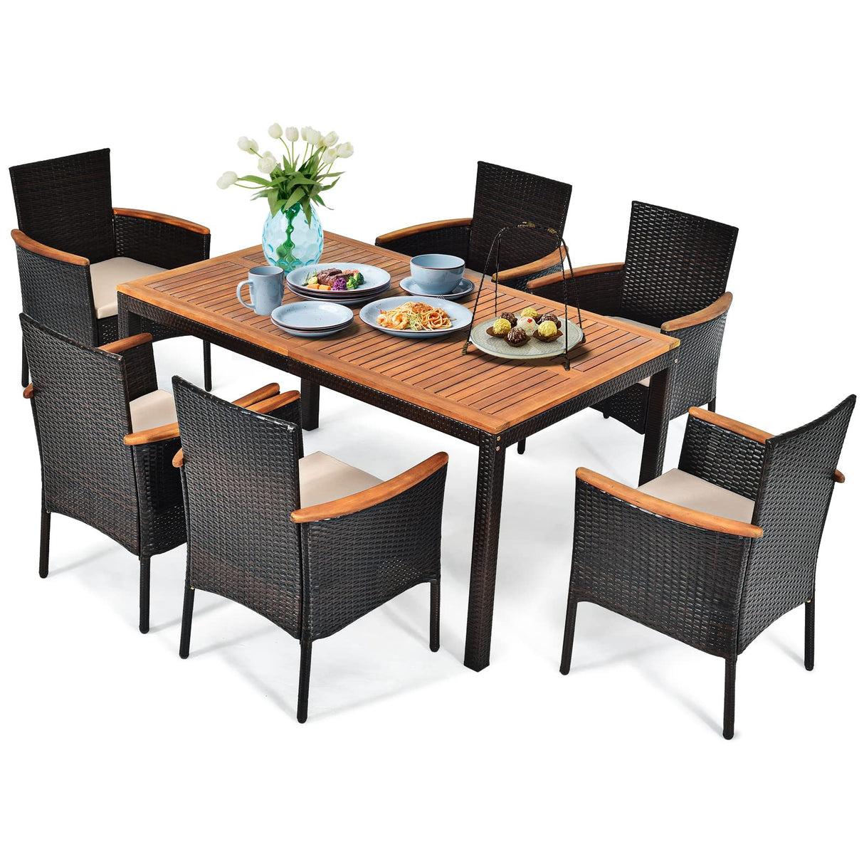 Toolsempire 7 Pieces Patio Dining Set Outdoor Dining Set with Umbrella Hole, Wicker Patio Furniture Set with Acacia Wood Table and Chairs, Garden Dining Table Set for Backyard, Desk, Poolside (Brown) Toolsempire