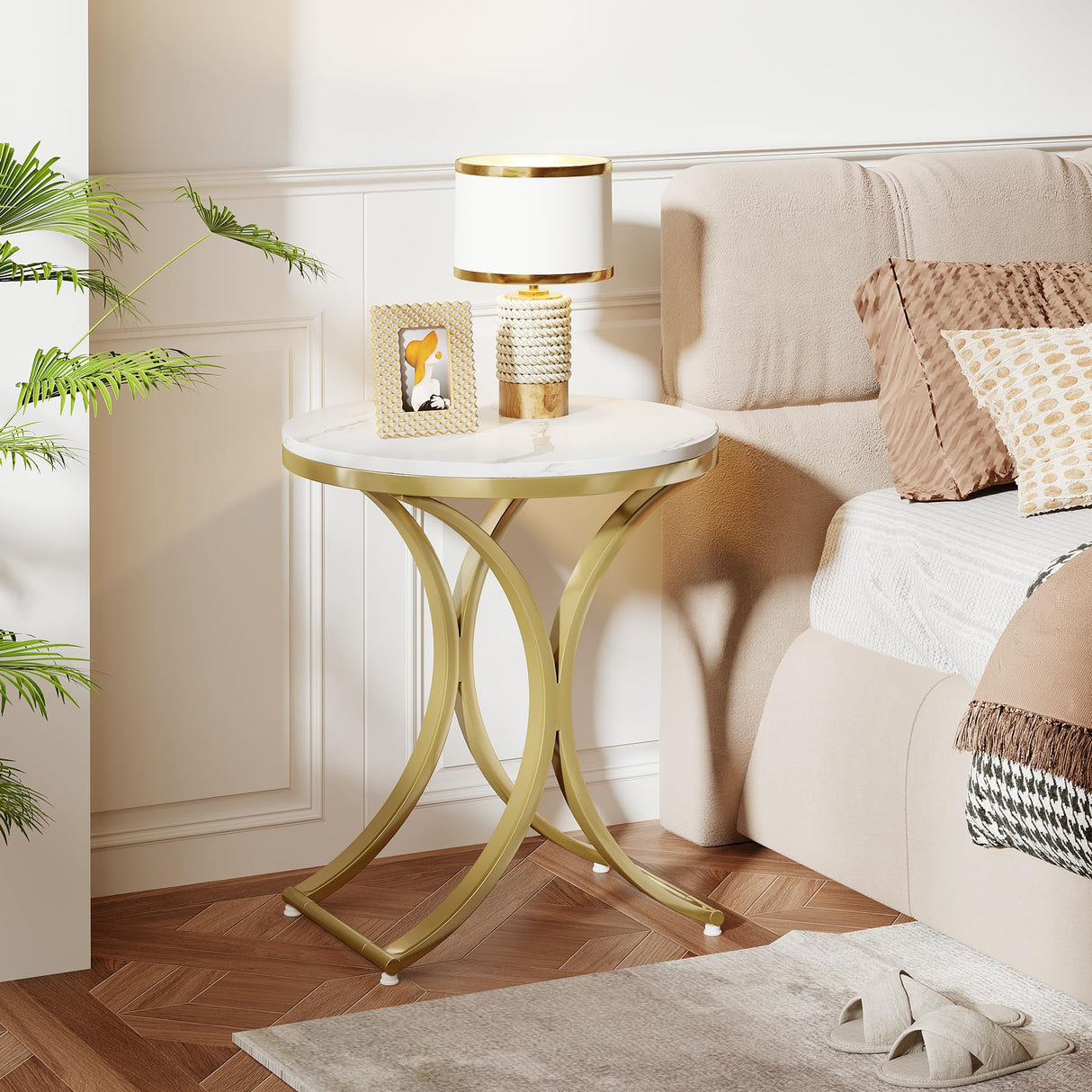 Tribesigns White and Gold End Table Small Round Faux Marble Sofa Side Table (1) Tribesigns
