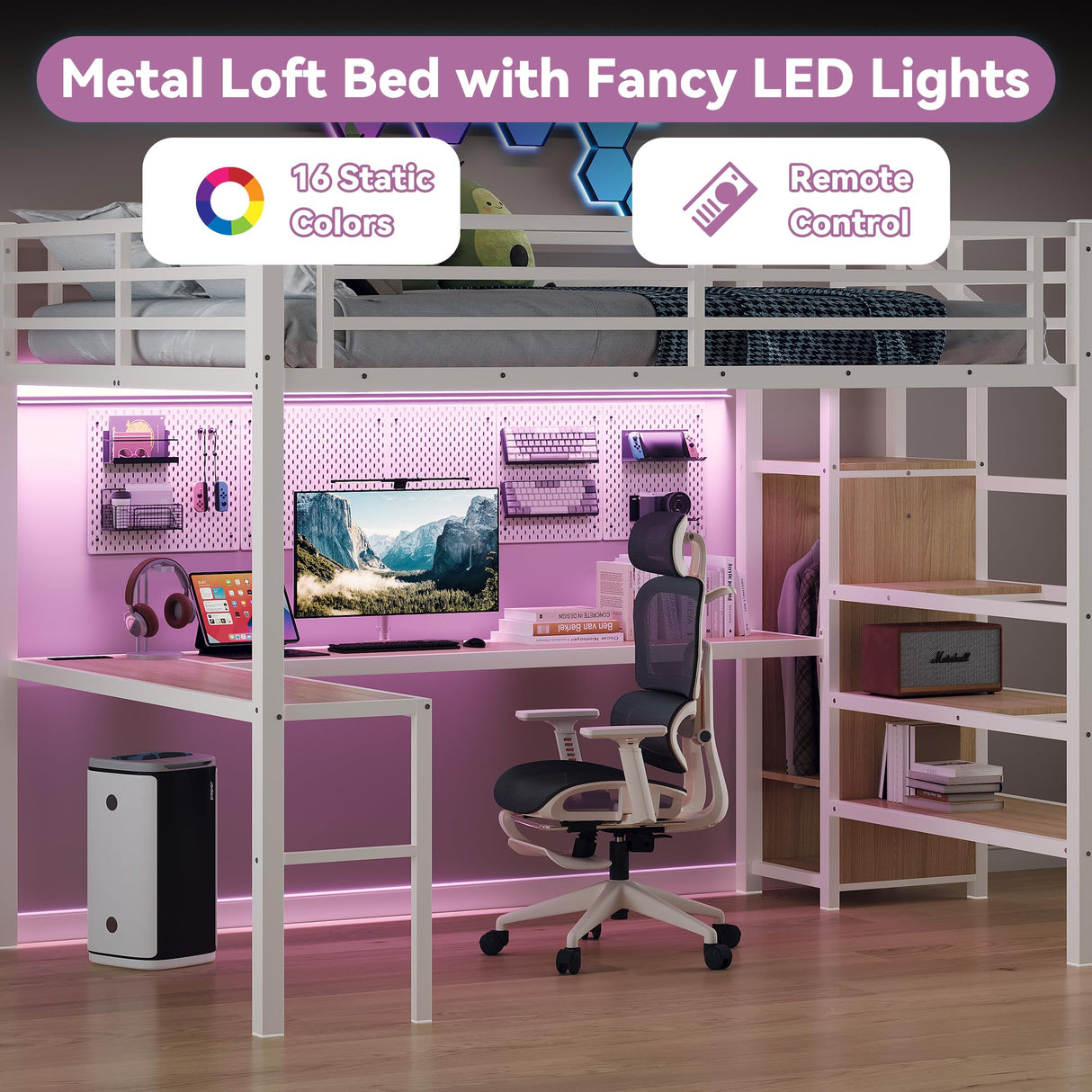 GM Ultra Queen Size Loft Bed with Desk & Storage Stairs, Metal Loft Bed with Wardrobe, LED Light & Charging Station, Versatile High Loft Bedframe for Kids Teens Adults, No Box Spring Needed, White GM Ultra
