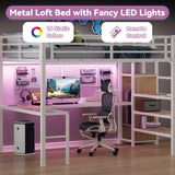 GM Ultra Queen Size Loft Bed with Desk & Storage Stairs, Metal Loft Bed with Wardrobe, LED Light & Charging Station, Versatile High Loft Bedframe for Kids Teens Adults, No Box Spring Needed, White GM Ultra