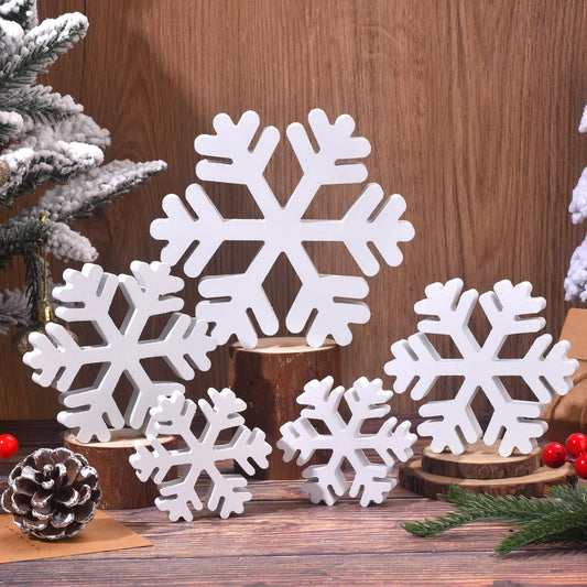 5 Pcs Winter Wooden Snowflake Decor Christmas Snowflake Signs 3D Decoration Tabletop Wood Snowflakes Centerpiece White Block Table Decor Standing Sign for Xmas Fireplace Mantel Home (white)