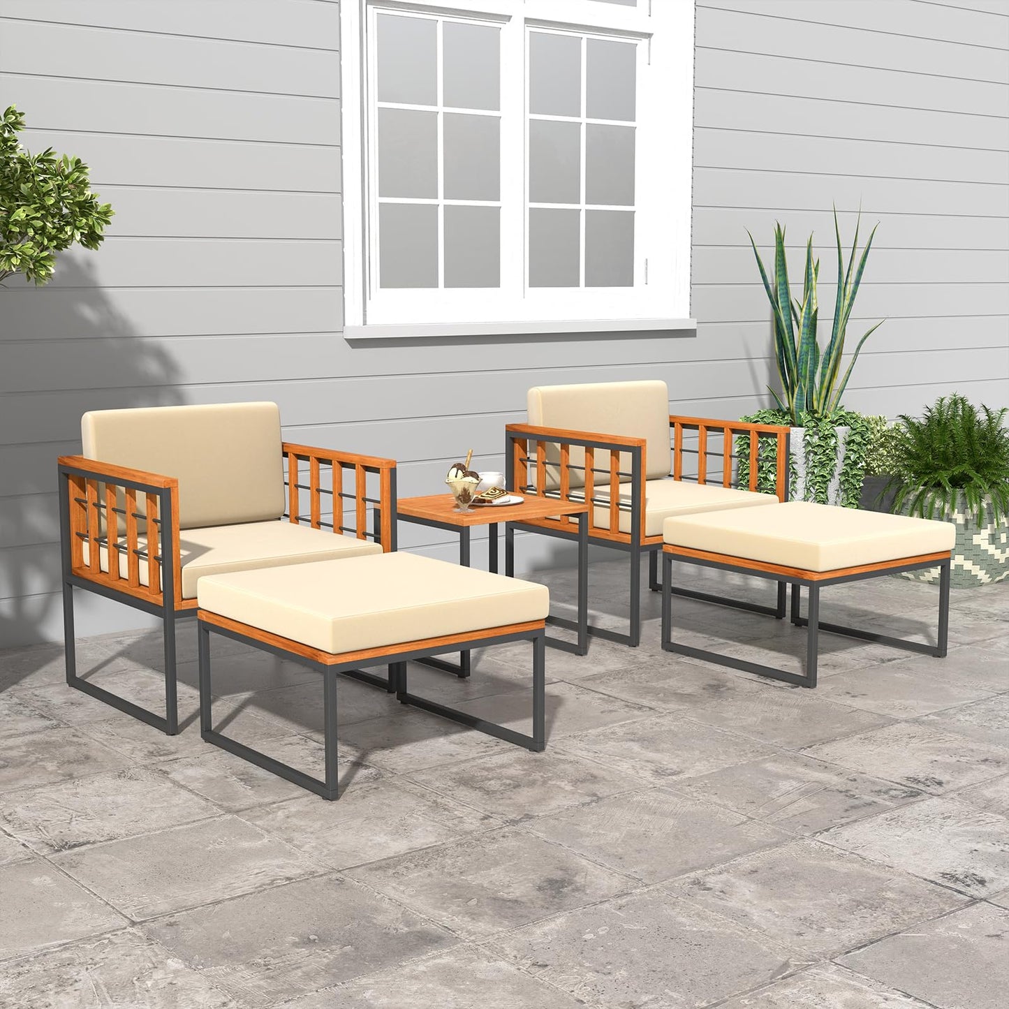 Tangkula 5 Pieces Acacia Wood Patio Furniture Set with Ottomans, Outdoor Conversation Set with Soft Cushions and Coffee Table for Poolside, Garden, Balcony and Backyard (Beige) - WoodArtSupply