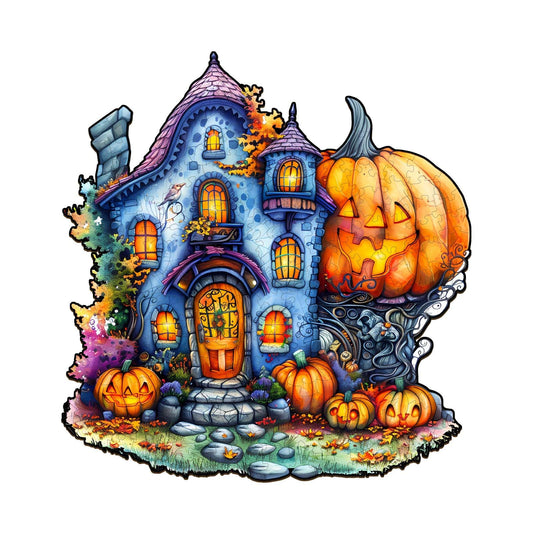 Wooden Puzzles for Adults, Halloween Pumpkin House Wooden Puzzles, Unique Shape Wood Puzzles Adults with Wood Box, Halloween Puzzles Gift for Friends Family Kids(S-8.5"x8.1" 100pcs)