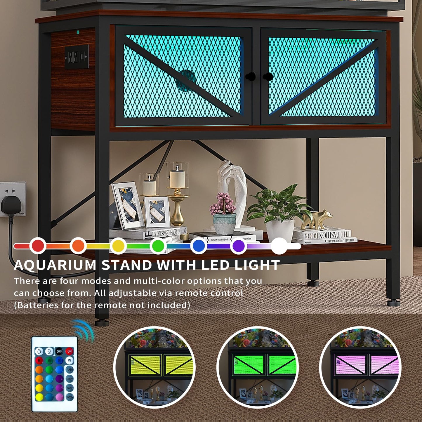 Avolander 40-50 Gallon Fish Tank Stand, Aquarium Stand with Power Outlets & LED Light, Cabinet for Fish Tank Accessories Storage, Heavy Duty Metal Frame, 760LBS Capacity, Black Teakwood Brown