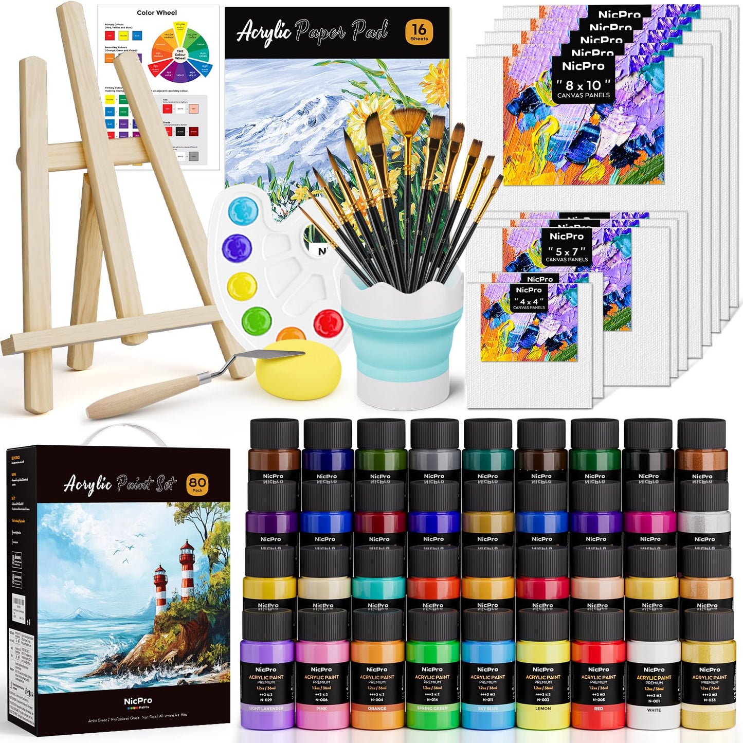 Nicpro Acrylic Paint Canvas Set for Adults, 80PCS Art Painting Supplies Kit with 36 Paints(36ML), Table Wood Easel,10 Canva Panels,12 Brushes,Paper Pad,Cleaning Cup, Palette for Kids Artist Beginner