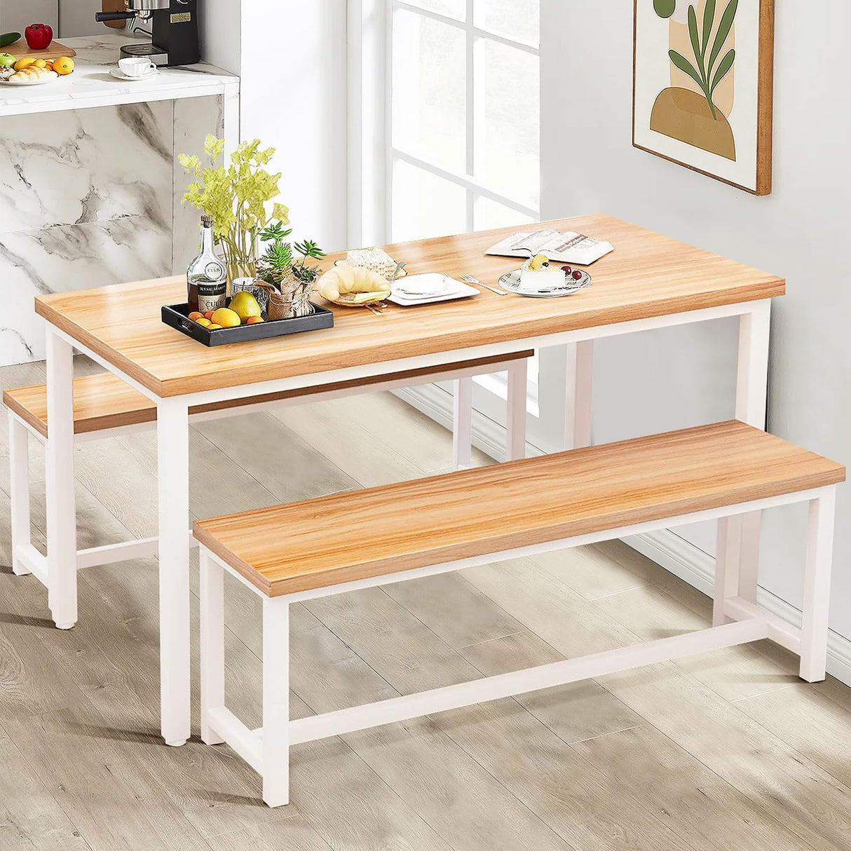 DKLGG Dining Table Set for 4, Kitchen Table Set with 2 Dining Bench, Farmhouse Wooden Dining Room Table Set for 4 Breakfast Nook Table Set for Small DKLGG