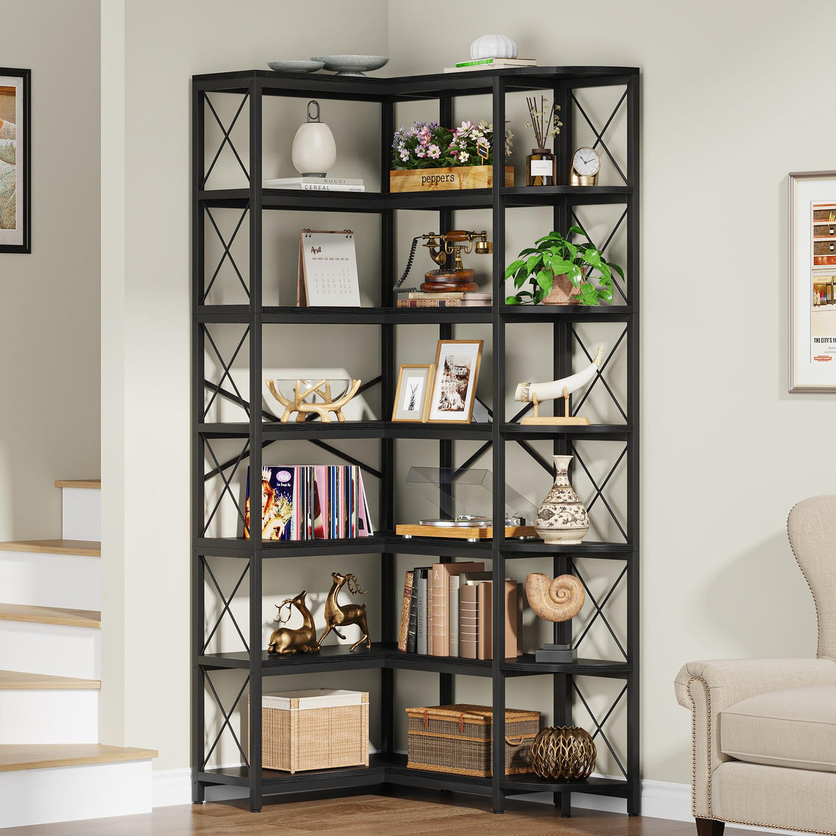 Condemo 7-Shelf Reversible Corner Bookshelf, Modern Industrial Tall Bookcase, 7-Tier Large L-Shaped Storage Shelf Display Rack with Metal Frame for Living Room, Home Office, Bedroom, Black Condemo