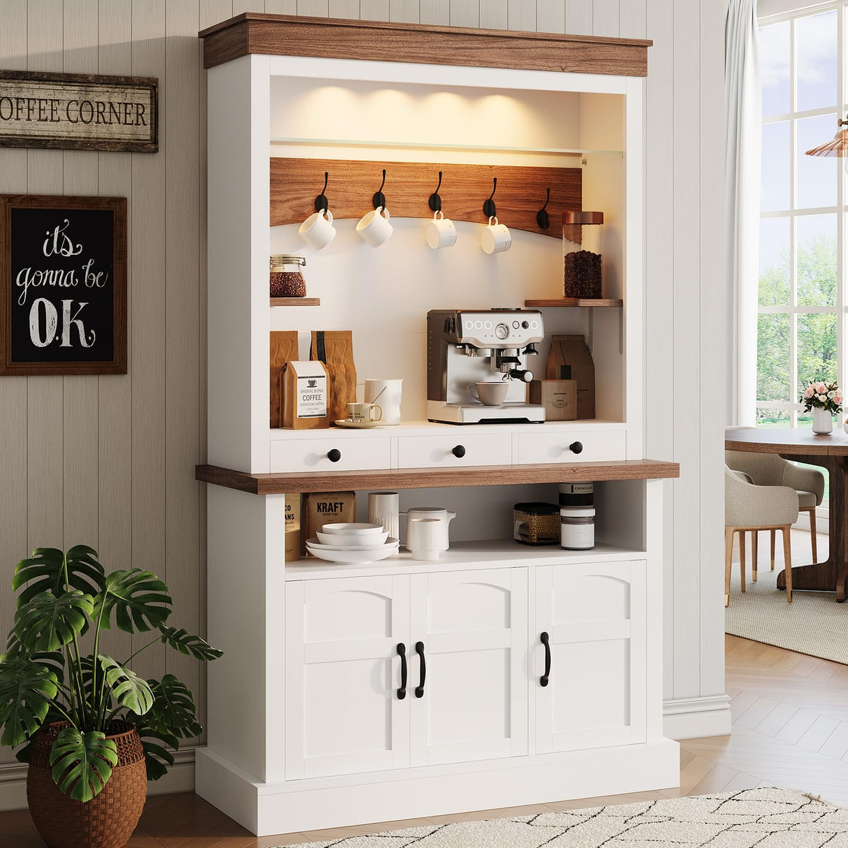 Coffee Bar Cabinet with LED Light, 72" Tall Farmhouse Coffee Bar Hutch with Storage, Sideboard Buffet Cabinet with Microwave Stand/Glass Shelf/6 Hooks/3 Drawers for Kitchen Living Dining Room, White GarveeHome