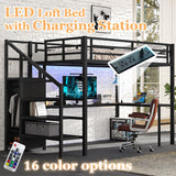 MAKIAAP Full Size Loft Bed with Desk and Wardrobe, Metal Heavy Duty Loft Bed Frames with Storage Stairs, LED Lights, Charging Station for Adults, Junior, Teens, Space Saving, Black (Full (more slats)) MAKIAAP
