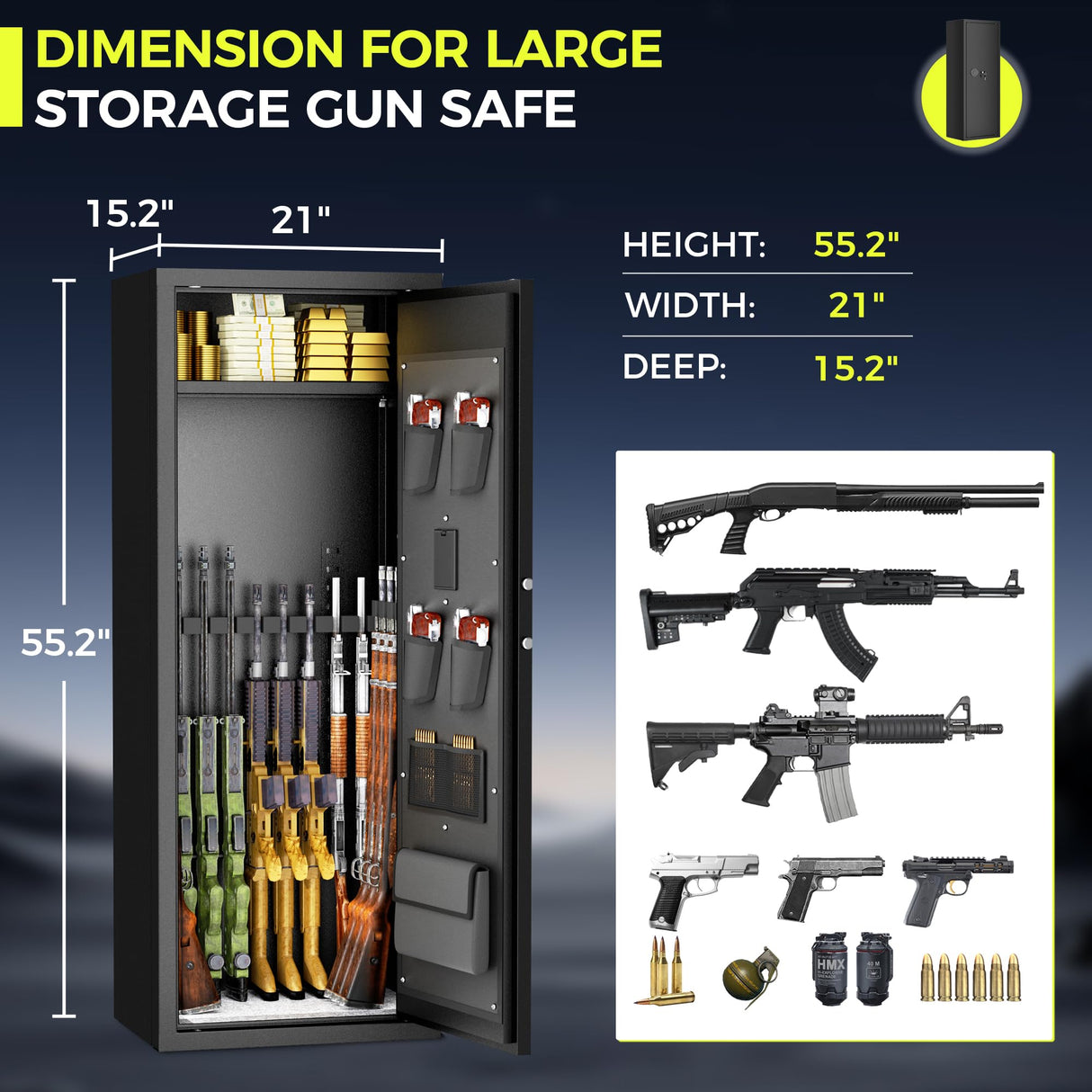 Superday 10-15 Gun Safe for Home Rifles and Pistols, Quick Access Large Gun Safe for Rifles, Gun Cabinets for Rifles and Shotguns with Keyboard Lock, 3 Adjustable Racks, Pockets(Black) Superday