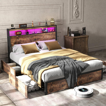 ANYHAVE Queen Size Bed Frame with 4 Storage Drawers and Headboard with Charging Station and LED Lights,2 Tier Solid Wood Headboard Storage,Noise