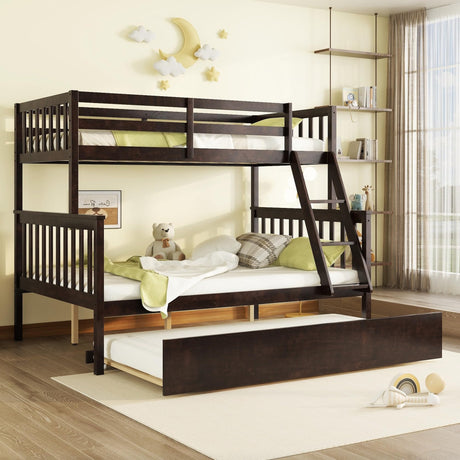 PVWIIK Twin Over Full Bunk Bed with Trundle & Ladder & Safety Guardrail,Solid Wood Bunk Bed for Kids Adults Teens Bedroom,Convertible to 2 Separated Bed,No Box Spring Needed,Easy Assembly, Espresso PVWIIK