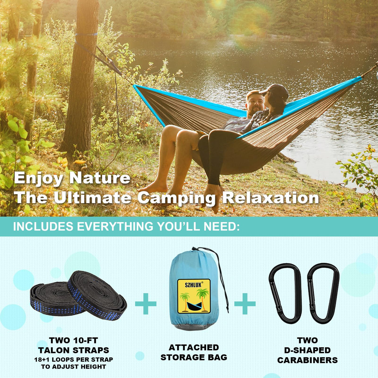 SZHLUX Camping Hammock Double & Single Portable Hammocks with 2 Tree Straps and Attached Carry Bag,Great for Outdoor,Indoor,Beach,Camping,Light Grey / Sky Blue SZHLUX