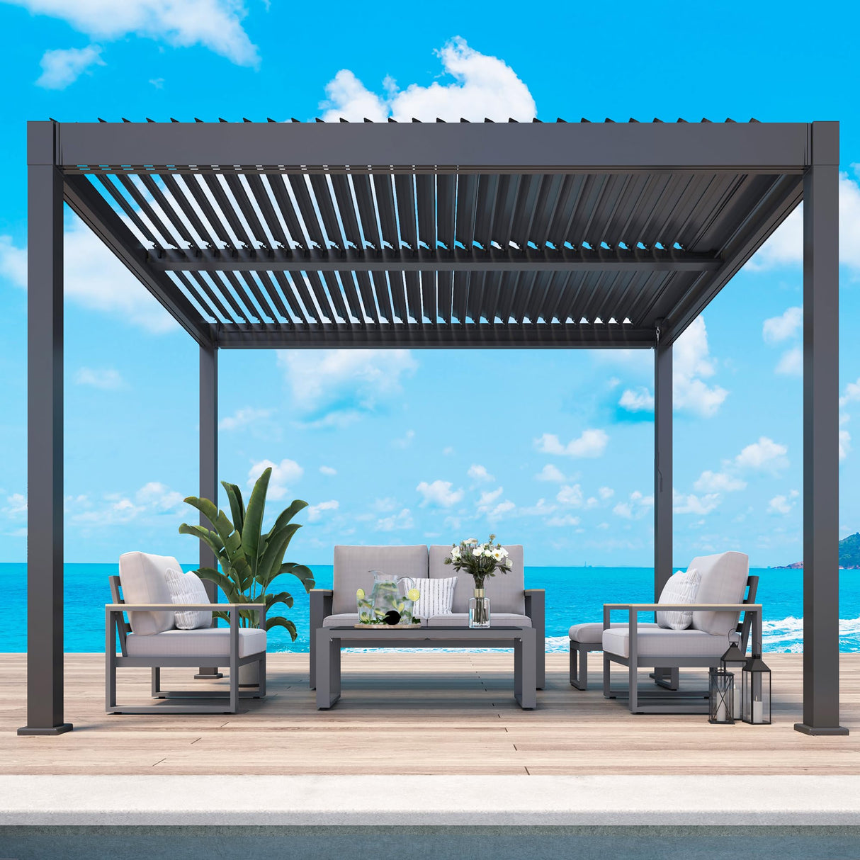 Louvered Pergola 10'x12', Full Aluminum Outdoor Pergola with Adjustable Rainproof and Gutter System, Hardtop Gazebo for Patio, Deck, Garden, Yard, Black FansaFurn