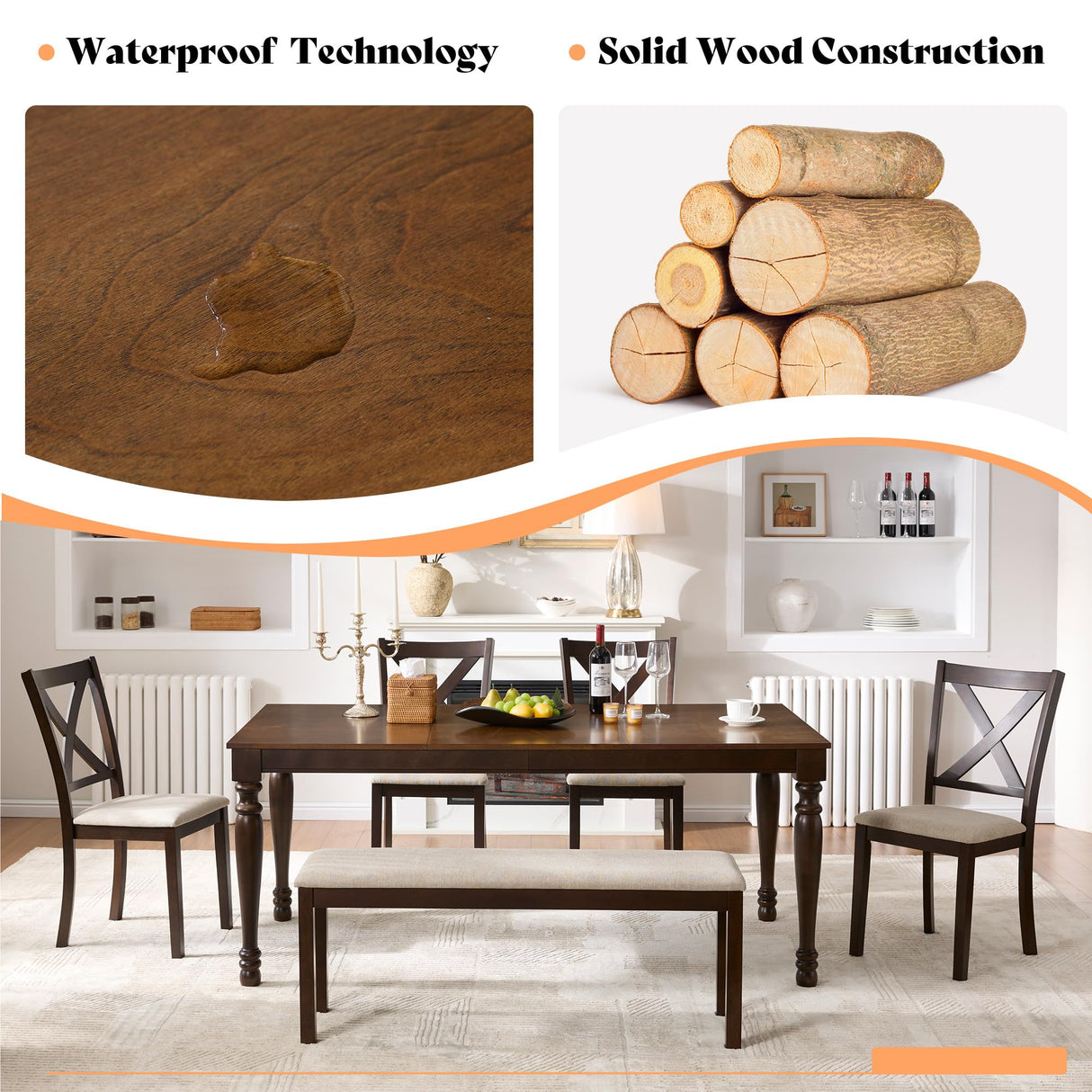 AMERLIFE 6 Piece Farmhouse Dining Table Set, 71'' Solid Wood Table with Upholstered Chairs & Bench, Seating for 6, for Kitchen or Dining Room, Brown & Black AMERLIFE